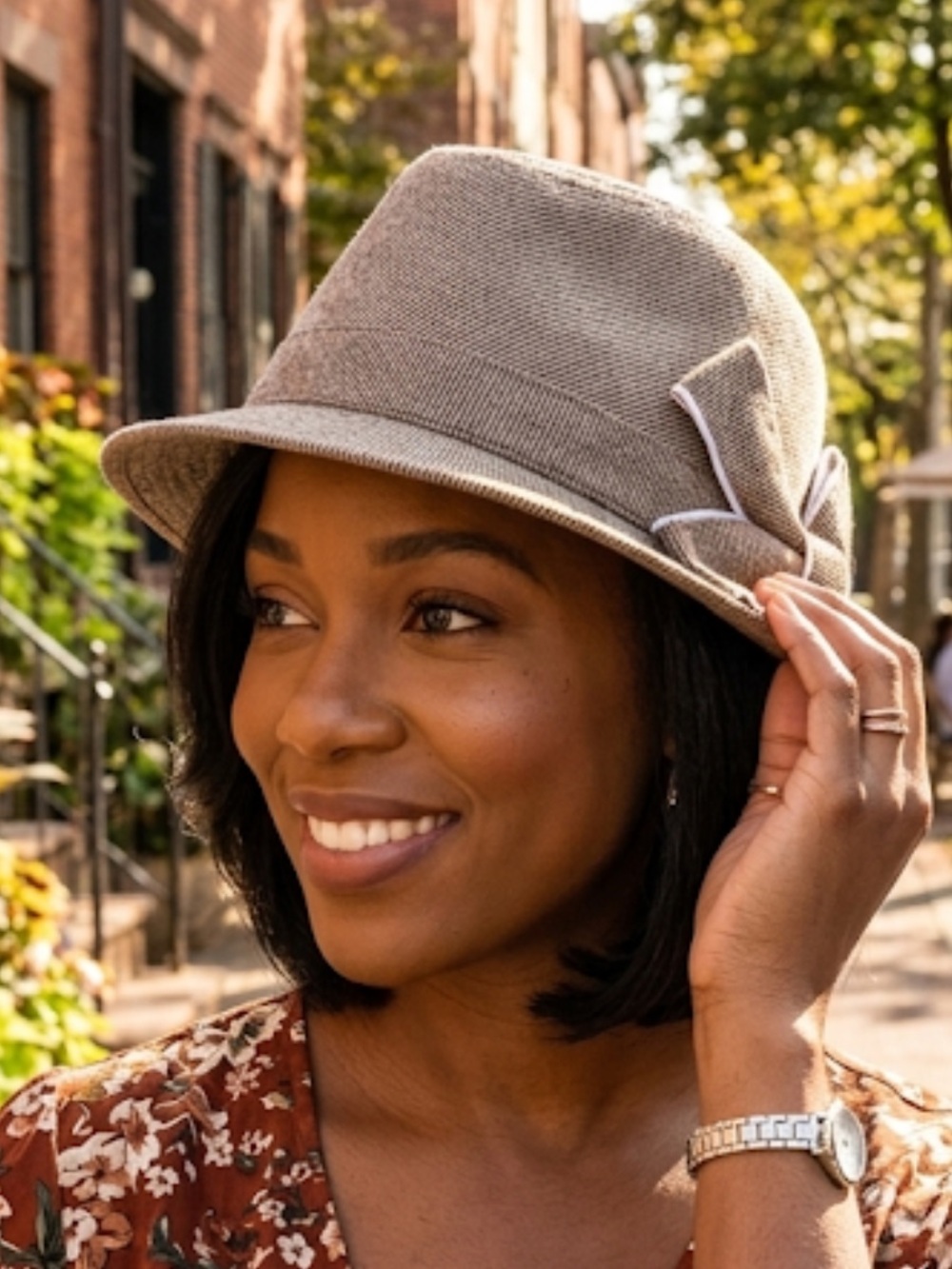 Brown Fedora Stylish Bow Accent Lightweight Tweed Pattern Fedora Hat NWOT - Picture 11 of 11